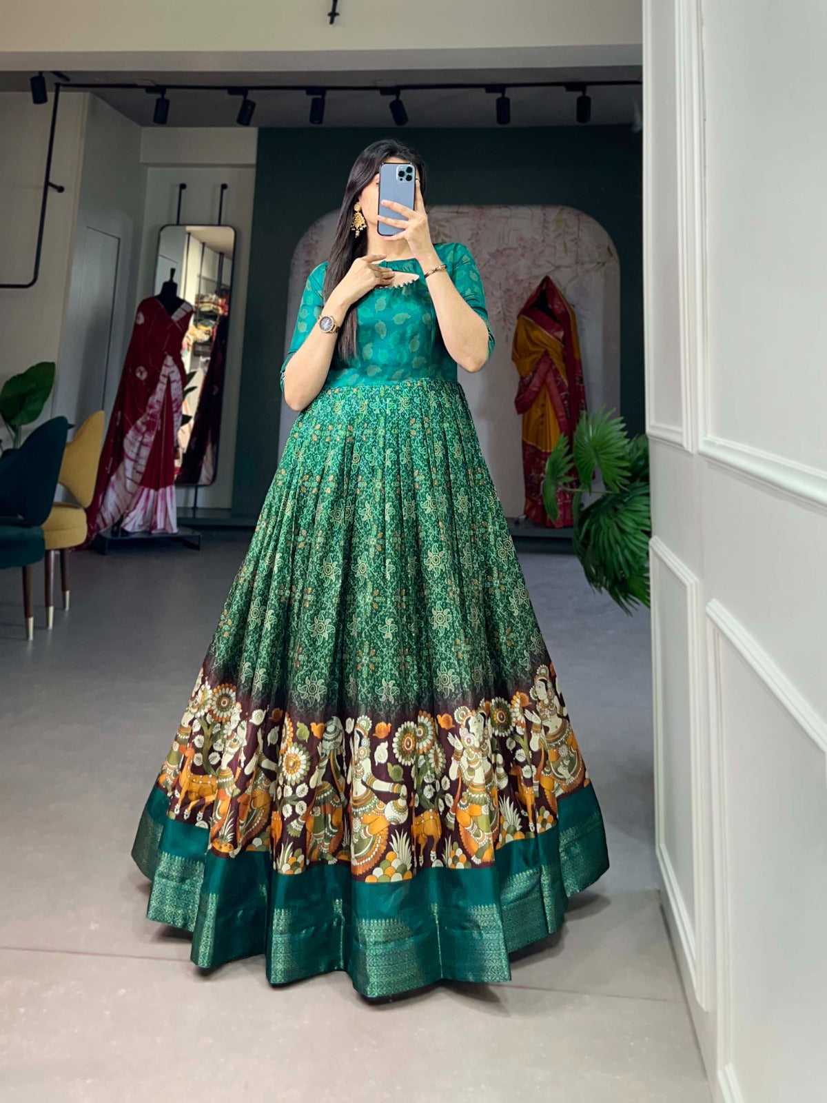 Green Tussar Silk Printed Gown with Woven Border ClothsVilla Main image