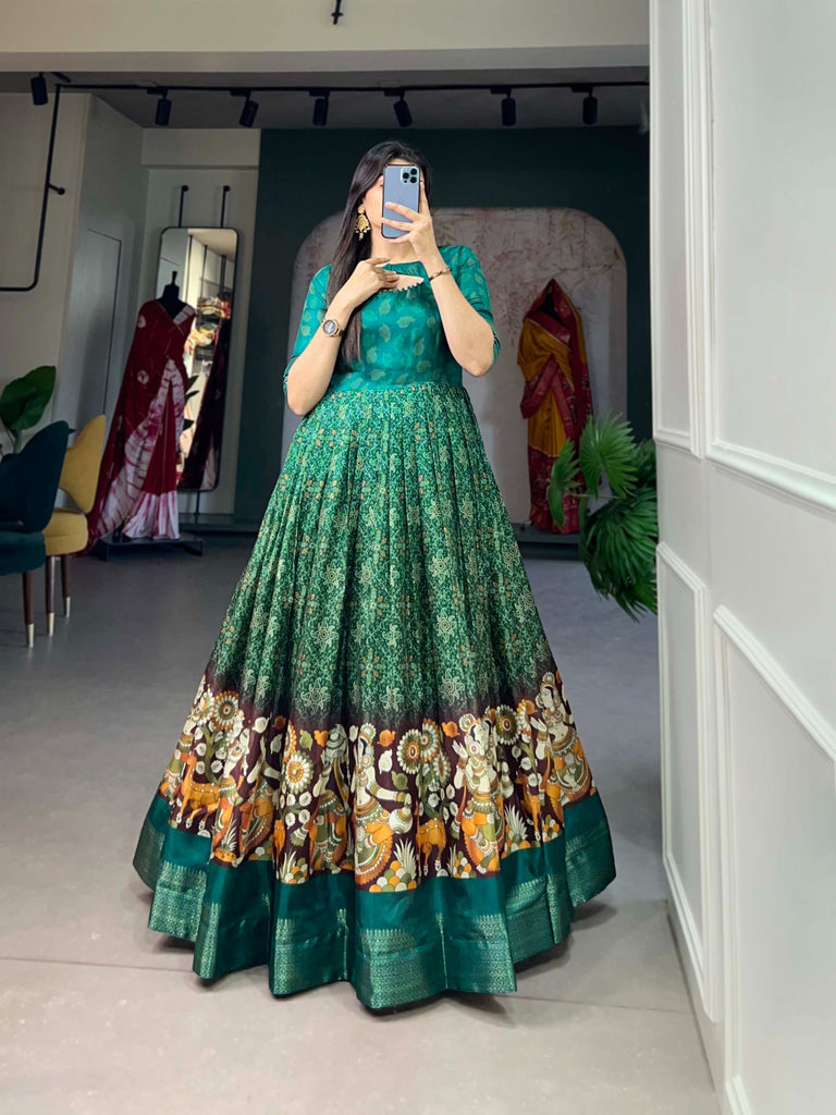 Green Tussar Silk Printed Gown with Woven Border ClothsVilla