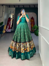 Load image into Gallery viewer, Green Tussar Silk Printed Gown with Woven Border ClothsVilla