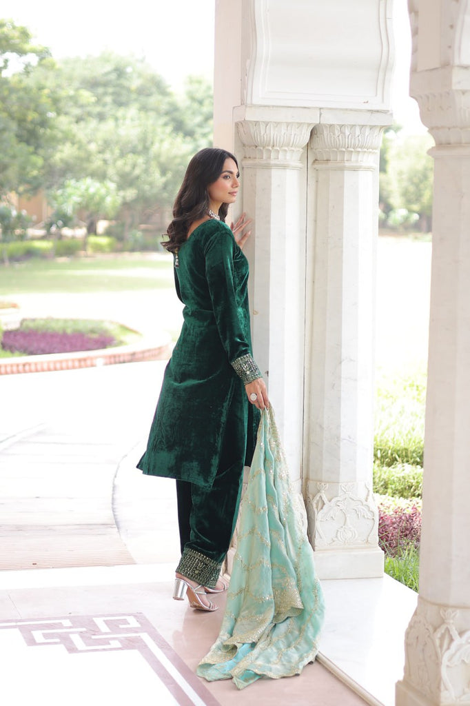 Green Velvet Sequins & Zari Embroidered Premium Stitched Suit Set with Full-Sleeve Top, Velvet Pants & Fendy Cutwork Dupatta ClothsVilla