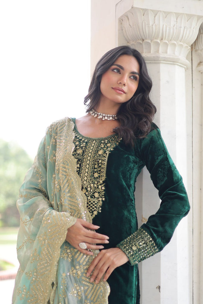 Green Velvet Sequins & Zari Embroidered Premium Stitched Suit Set with Full-Sleeve Top, Velvet Pants & Fendy Cutwork Dupatta ClothsVilla