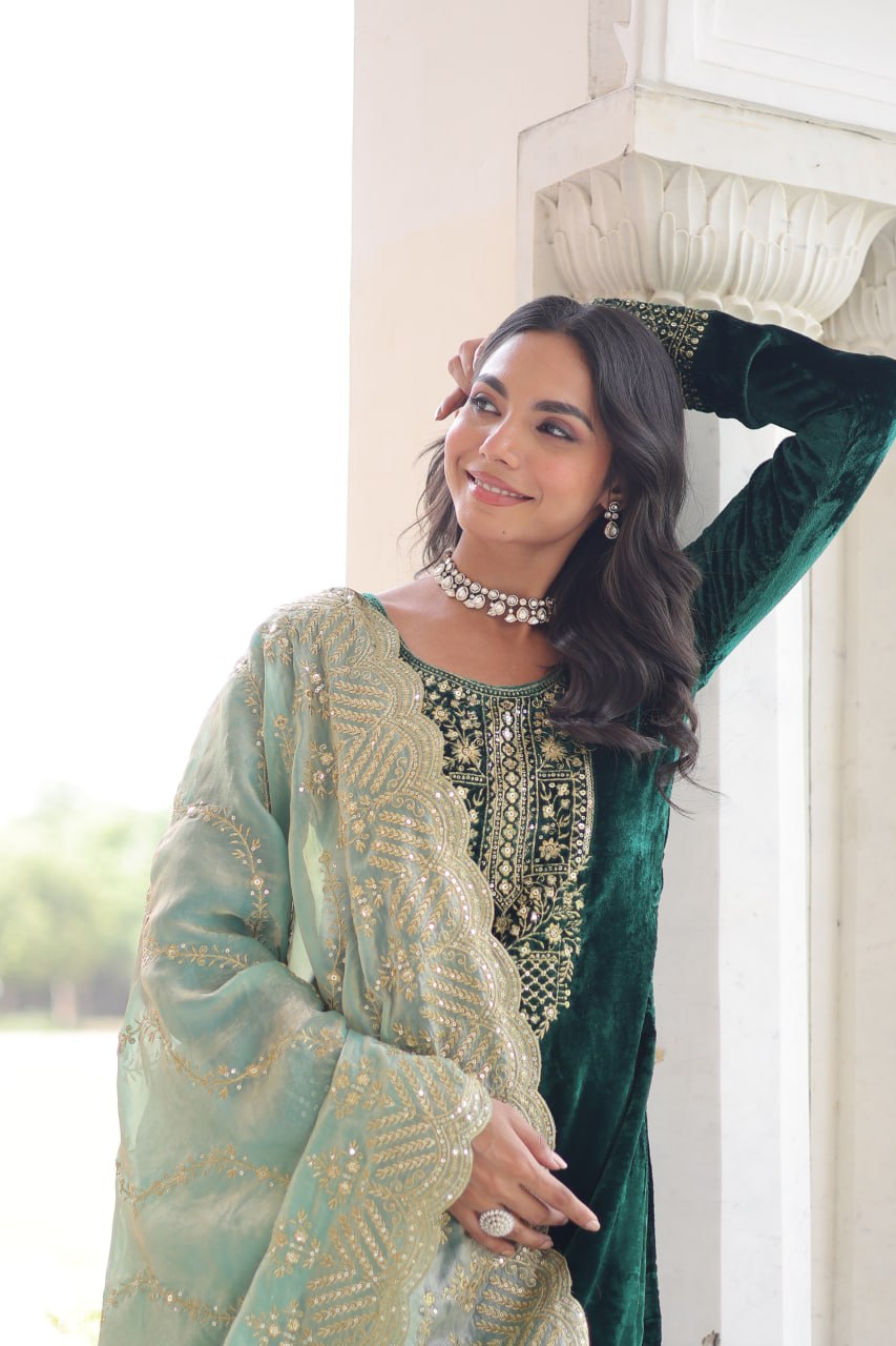Green Velvet Sequins & Zari Embroidered Premium Stitched Suit Set with Full-Sleeve Top, Velvet Pants & Fendy Cutwork Dupatta ClothsVilla