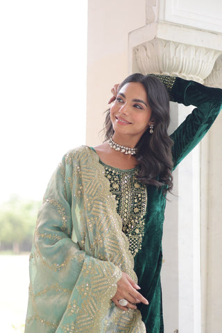 Green Velvet Sequins & Zari Embroidered Premium Stitched Suit Set with Full-Sleeve Top, Velvet Pants & Fendy Cutwork Dupatta ClothsVilla