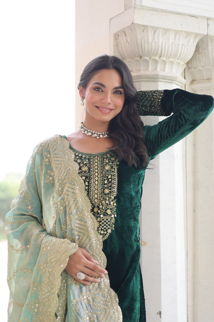 Green Velvet Sequins & Zari Embroidered Premium Stitched Suit Set with Full-Sleeve Top, Velvet Pants & Fendy Cutwork Dupatta ClothsVilla