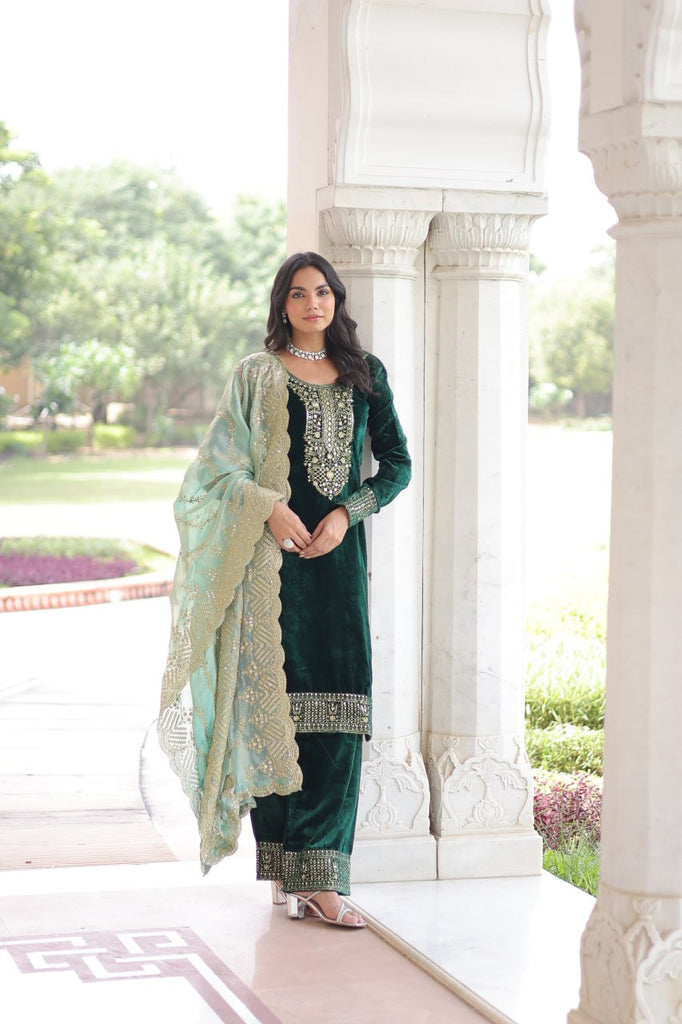 Green Velvet Sequins & Zari Embroidered Premium Stitched Suit Set with Full-Sleeve Top, Velvet Pants & Fendy Cutwork Dupatta ClothsVilla
