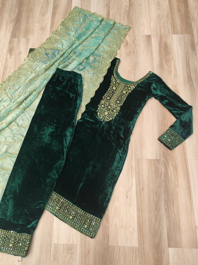 Green Velvet Sequins & Zari Embroidered Premium Stitched Suit Set with Full-Sleeve Top, Velvet Pants & Fendy Cutwork Dupatta ClothsVilla