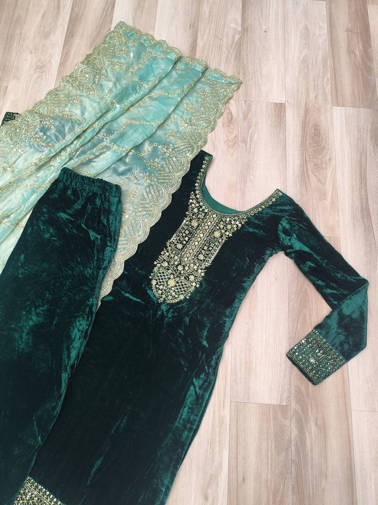 Green Velvet Sequins & Zari Embroidered Premium Stitched Suit Set with Full-Sleeve Top, Velvet Pants & Fendy Cutwork Dupatta ClothsVilla