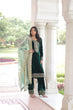 Load image into Gallery viewer, Green Velvet Sequins &amp; Zari Embroidered Premium Stitched Suit Set with Full-Sleeve Top, Velvet Pants &amp; Fendy Cutwork Dupatta ClothsVilla