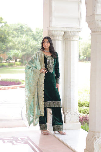 Green Velvet Sequins & Zari Embroidered Premium Stitched Suit Set with Full-Sleeve Top, Velvet Pants & Fendy Cutwork Dupatta ClothsVilla