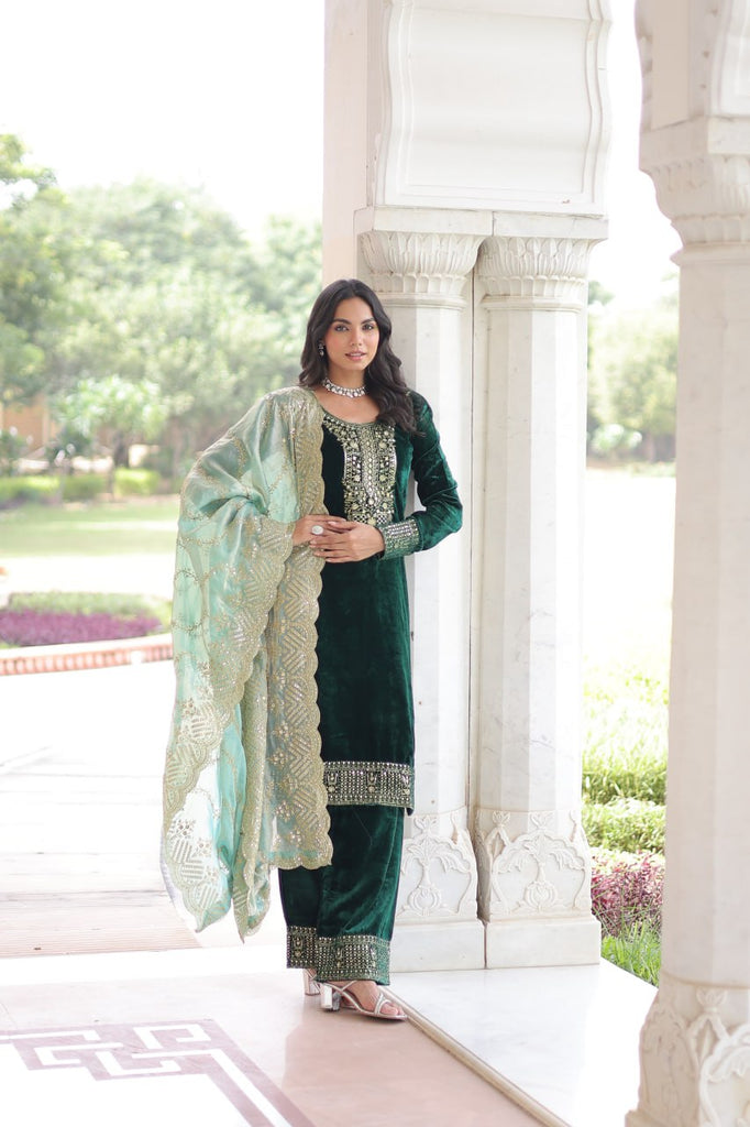 Green Velvet Sequins & Zari Embroidered Premium Stitched Suit Set with Full-Sleeve Top, Velvet Pants & Fendy Cutwork Dupatta ClothsVilla