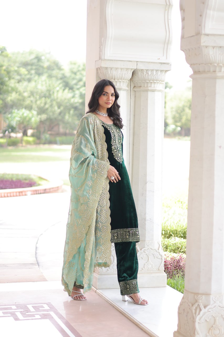 Green Velvet Sequins & Zari Embroidered Premium Stitched Suit Set with Full-Sleeve Top, Velvet Pants & Fendy Cutwork Dupatta ClothsVilla