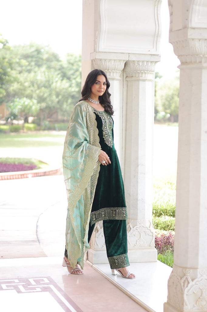 Green Velvet Sequins & Zari Embroidered Premium Stitched Suit Set with Full-Sleeve Top, Velvet Pants & Fendy Cutwork Dupatta ClothsVilla