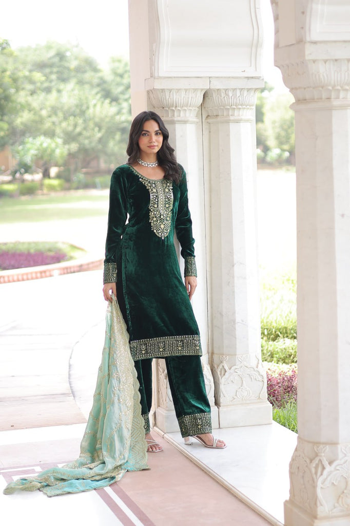 Green Velvet Sequins & Zari Embroidered Premium Stitched Suit Set with Full-Sleeve Top, Velvet Pants & Fendy Cutwork Dupatta ClothsVilla