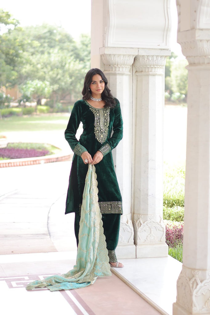 Green Velvet Sequins & Zari Embroidered Premium Stitched Suit Set with Full-Sleeve Top, Velvet Pants & Fendy Cutwork Dupatta ClothsVilla