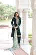 Load image into Gallery viewer, Green Velvet Sequins &amp; Zari Embroidered Premium Stitched Suit Set with Full-Sleeve Top, Velvet Pants &amp; Fendy Cutwork Dupatta ClothsVilla