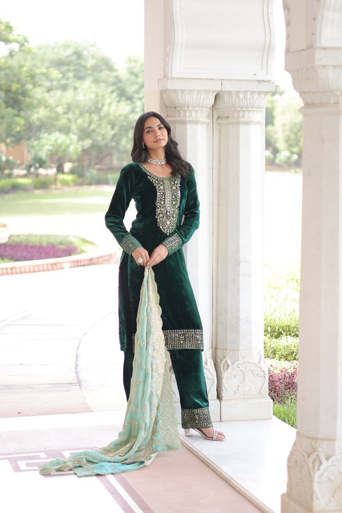 Green Velvet Sequins & Zari Embroidered Premium Stitched Suit Set with Full-Sleeve Top, Velvet Pants & Fendy Cutwork Dupatta ClothsVilla