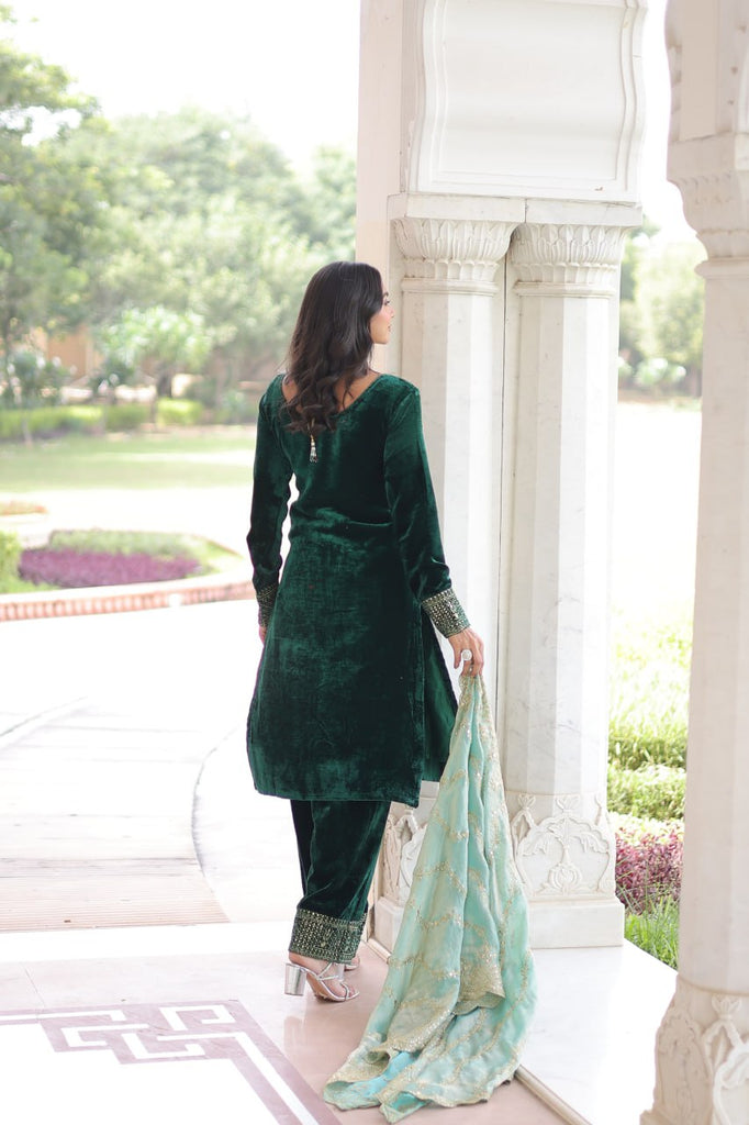 Green Velvet Sequins & Zari Embroidered Premium Stitched Suit Set with Full-Sleeve Top, Velvet Pants & Fendy Cutwork Dupatta ClothsVilla