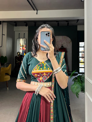 Green Vibrant Printed Silk Lehenga with Gamthi & Mirror Work ClothsVilla