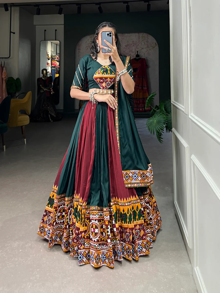 Green Vibrant Printed Silk Lehenga with Gamthi & Mirror Work ClothsVilla