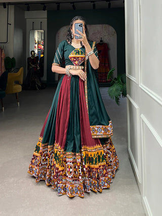 Green Vibrant Printed Silk Lehenga with Gamthi & Mirror Work ClothsVilla