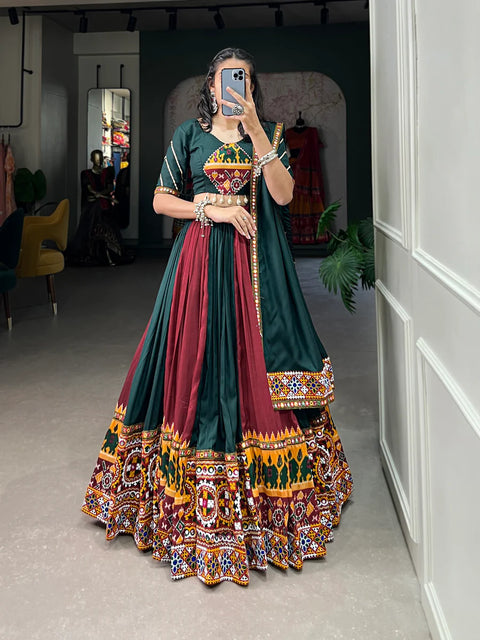 Green Vibrant Printed Silk Lehenga with Gamthi & Mirror Work ClothsVilla Main image
