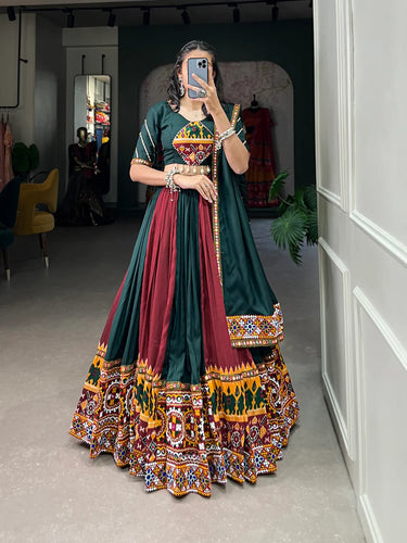 Green Vibrant Printed Silk Lehenga with Gamthi & Mirror Work ClothsVilla