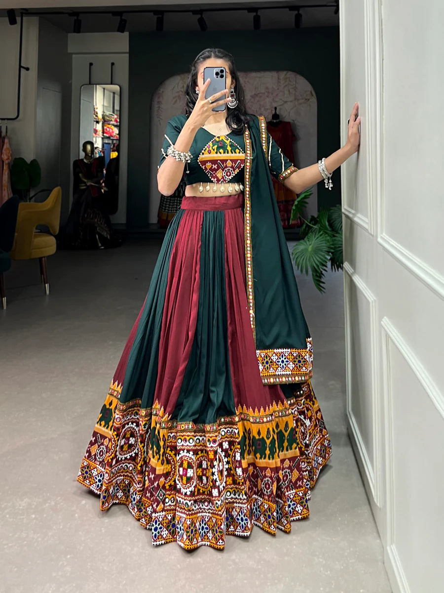 Green Vibrant Printed Silk Lehenga with Gamthi & Mirror Work ClothsVilla