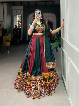 Green Vibrant Printed Silk Lehenga with Gamthi & Mirror Work ClothsVilla