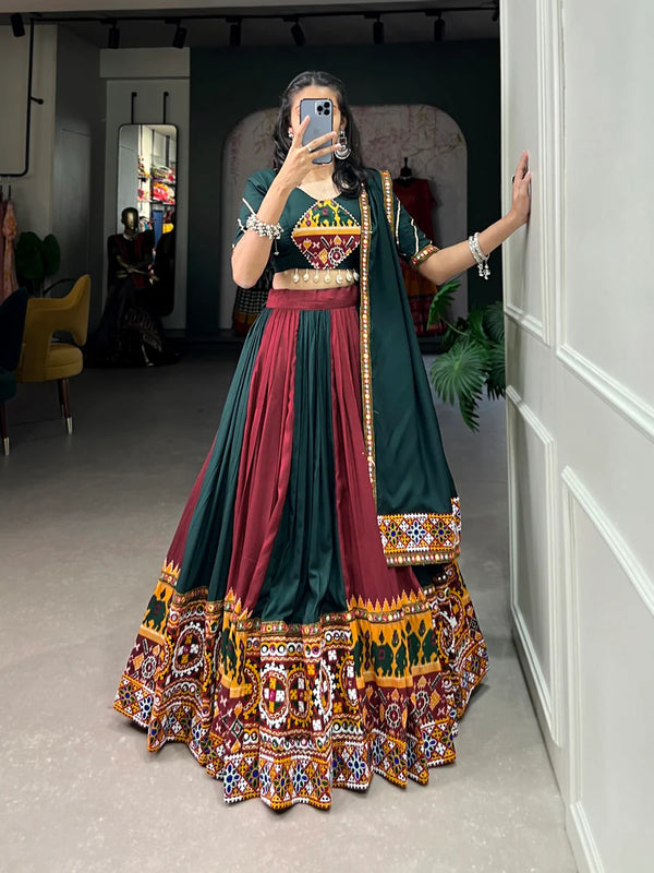 Green Vibrant Printed Silk Lehenga with Gamthi & Mirror Work ClothsVilla