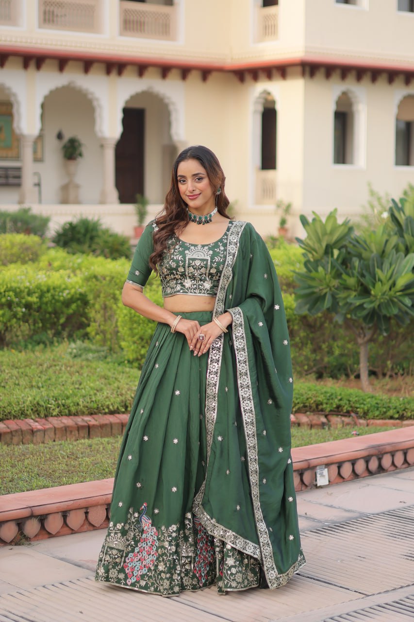 Green Vichitra Embroidered Lehenga Set ClothsVilla Main image