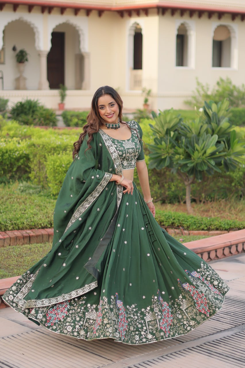 Green Vichitra Embroidered Lehenga Set ClothsVilla