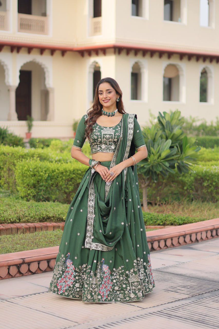 Green Vichitra Embroidered Lehenga Set ClothsVilla