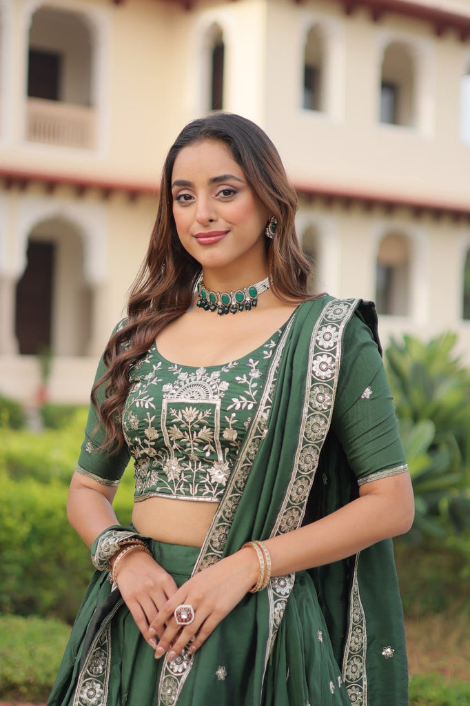 Green Vichitra Embroidered Lehenga Set ClothsVilla