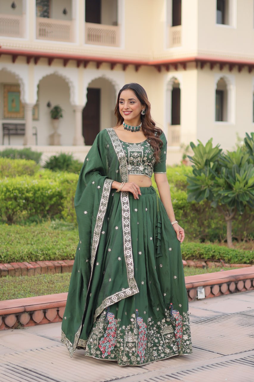 Green Vichitra Embroidered Lehenga Set Secondary image