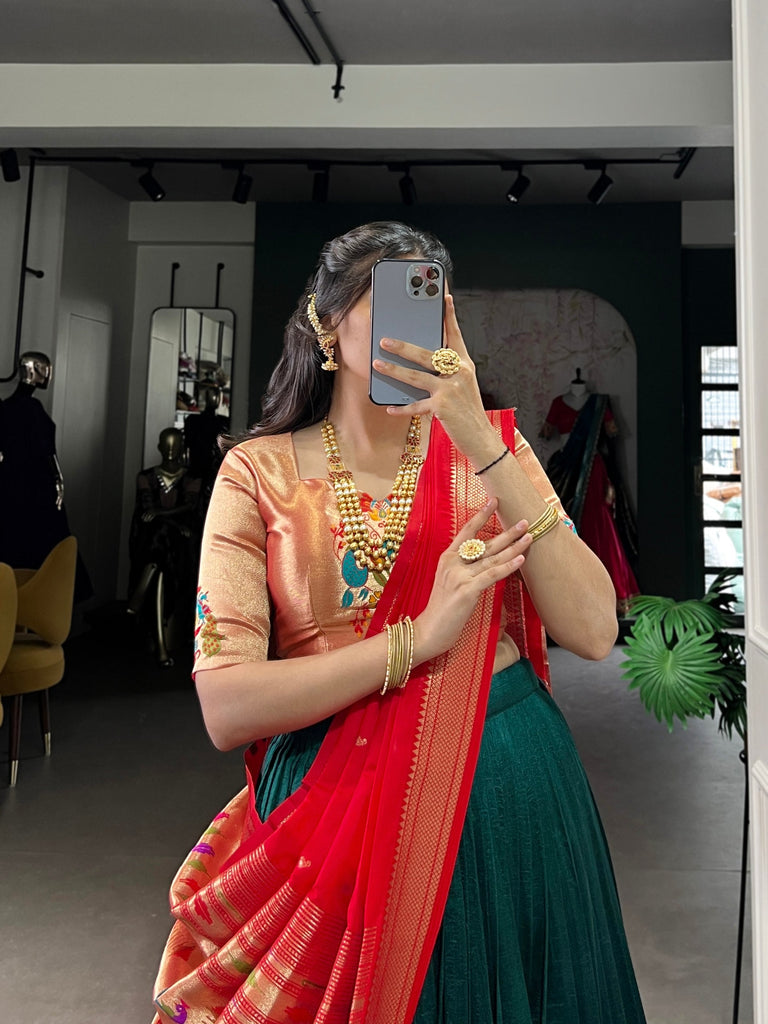 Green Vichitra Silk Zari Weaving Lehenga Set with Paithani Jacquard Blouse & Dupatta ClothsVilla