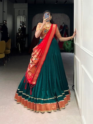 Green Vichitra Silk Zari Weaving Lehenga Set with Paithani Jacquard Blouse & Dupatta ClothsVilla