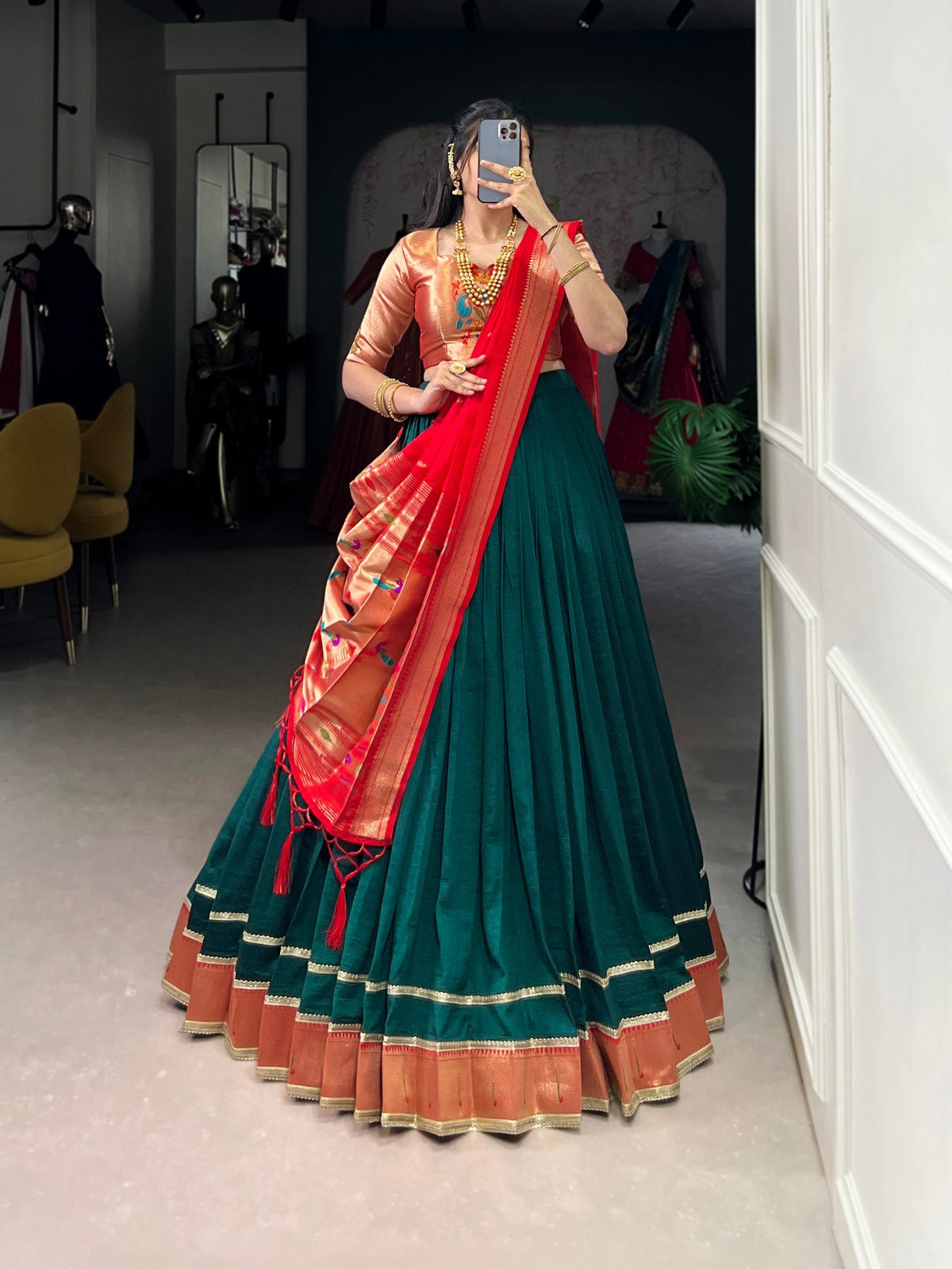 Green Vichitra Silk Zari Weaving Lehenga Set with Paithani Jacquard Blouse & Dupatta ClothsVilla Main image