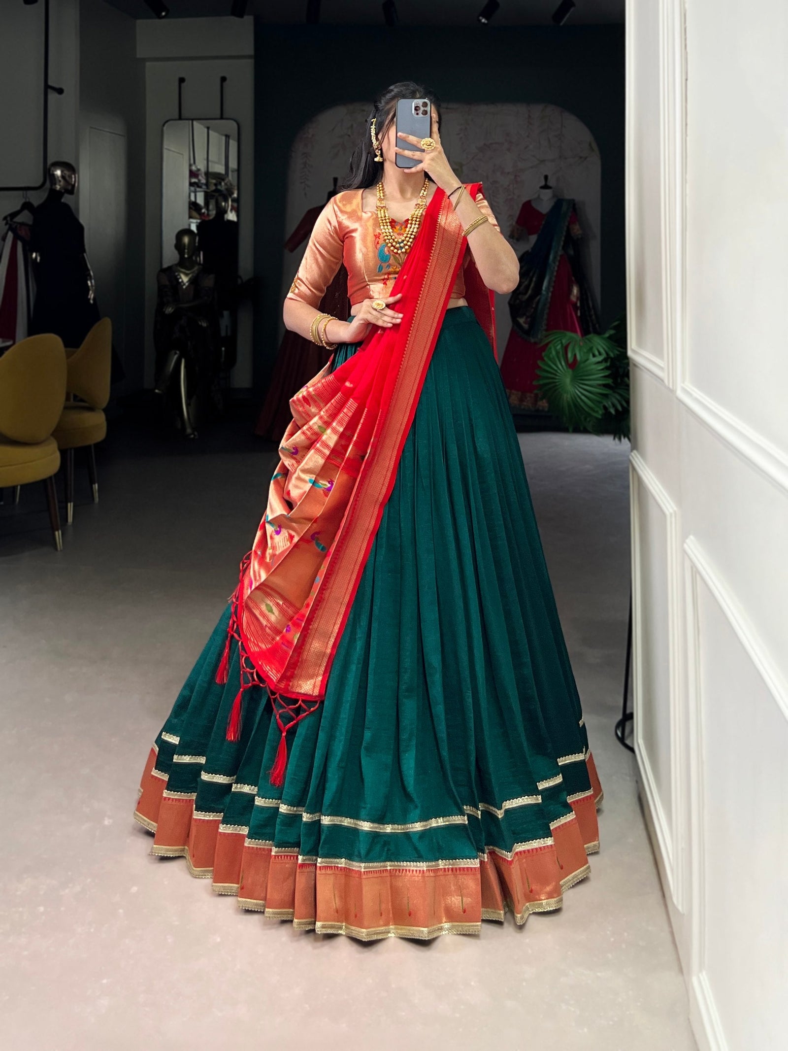 Green Vichitra Silk Zari Weaving Lehenga Set with Paithani Jacquard Blouse & Dupatta ClothsVilla