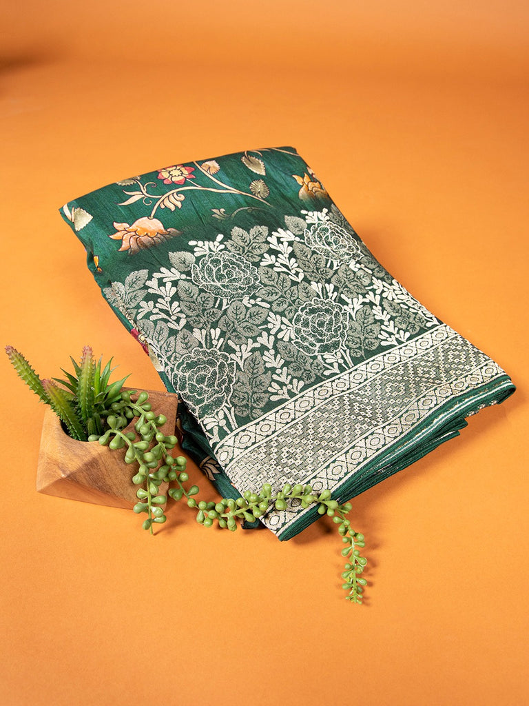 Green Viscose Kalamkari Saree with Zari Weaving & Tassels ClothsVilla