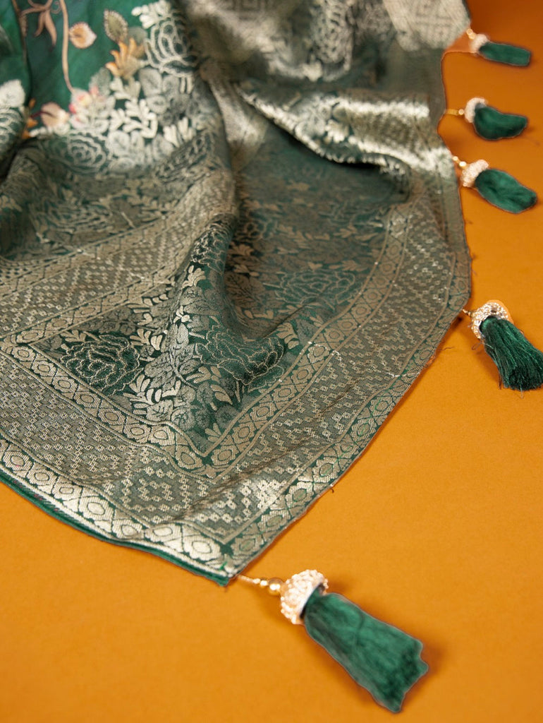 Green Viscose Kalamkari Saree with Zari Weaving & Tassels ClothsVilla