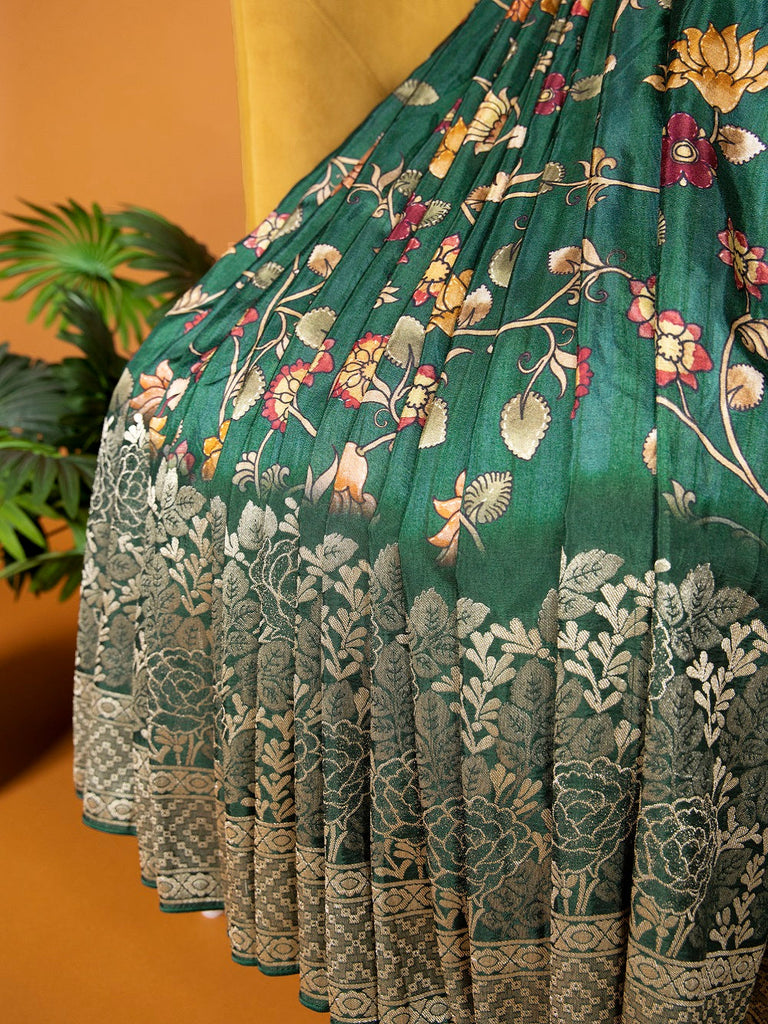 Green Viscose Kalamkari Saree with Zari Weaving & Tassels ClothsVilla