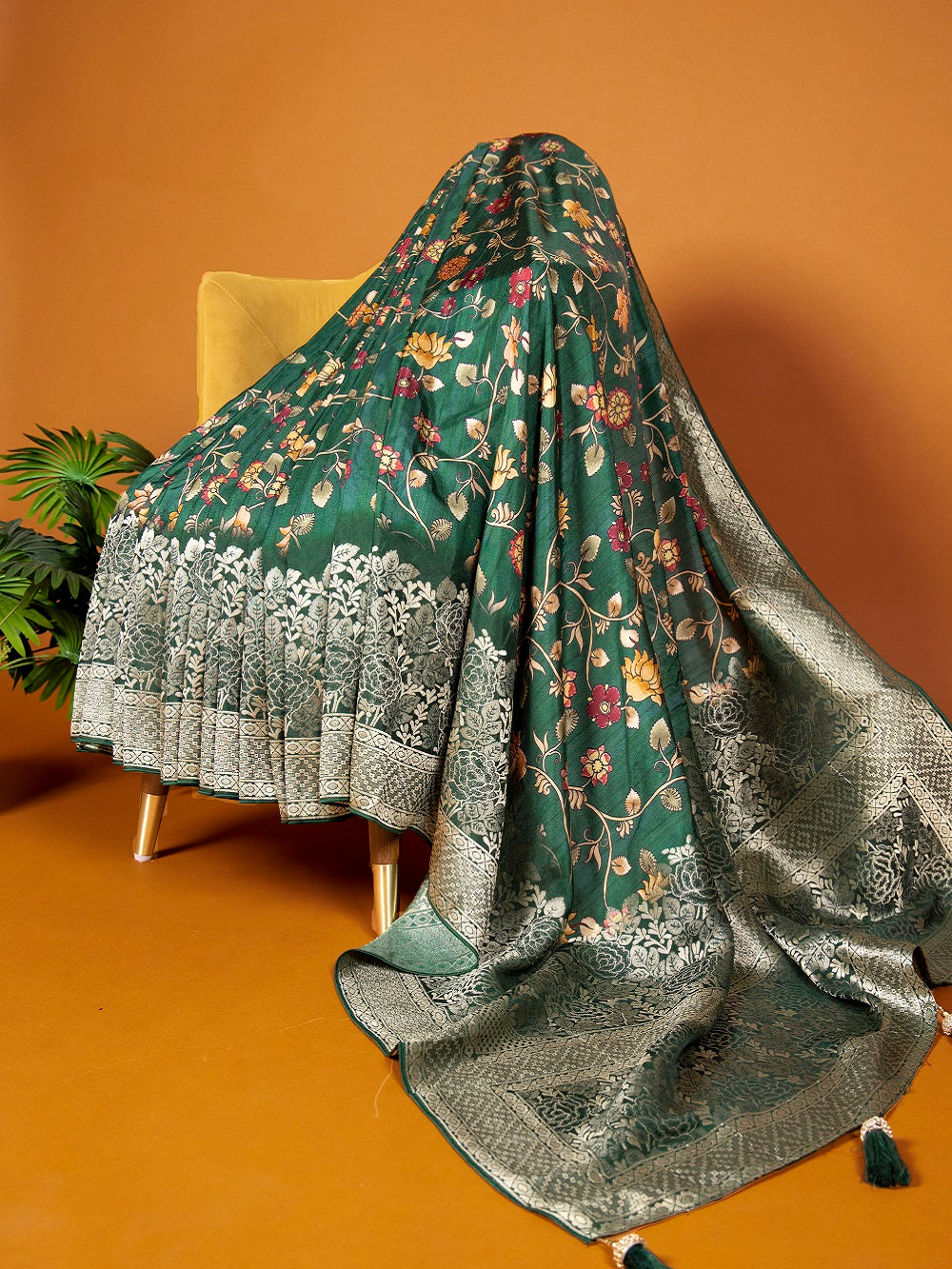 Green Viscose Kalamkari Saree with Zari Weaving & Tassels Secondary image