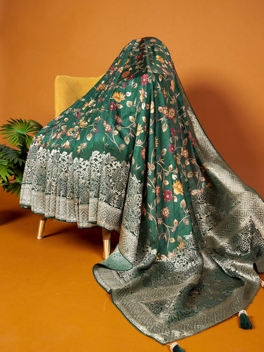 Green Viscose Kalamkari Saree with Zari Weaving & Tassels ClothsVilla