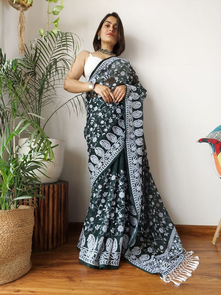 Green Viscose Organza Saree with Exquisite Chickenkari Embroidery – Paired with Elegant White Silk Blouse and Latkan ClothsVilla