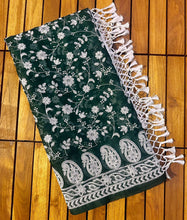 Load image into Gallery viewer, Green Viscose Organza Saree with Exquisite Chickenkari Embroidery – Paired with Elegant White Silk Blouse and Latkan ClothsVilla