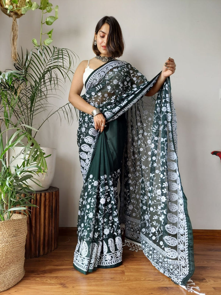 Green Viscose Organza Saree with Exquisite Chickenkari Embroidery – Paired with Elegant White Silk Blouse and Latkan ClothsVilla