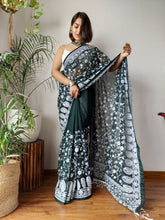 Load image into Gallery viewer, Green Viscose Organza Saree with Exquisite Chickenkari Embroidery – Paired with Elegant White Silk Blouse and Latkan ClothsVilla