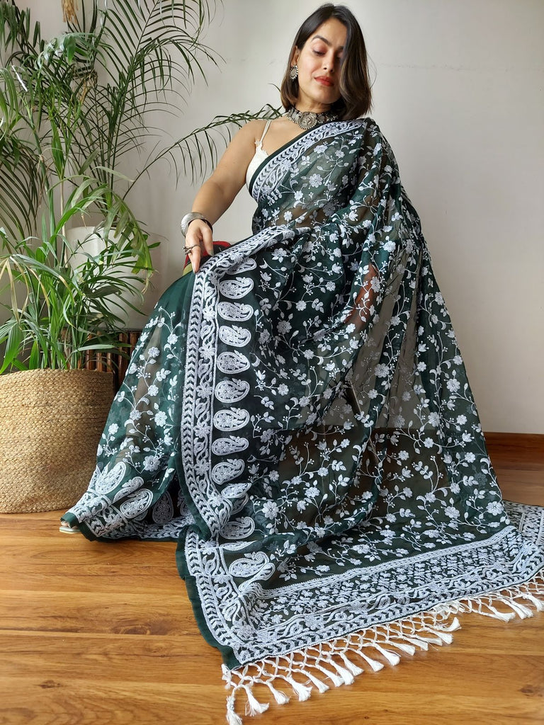 Green Viscose Organza Saree with Exquisite Chickenkari Embroidery – Paired with Elegant White Silk Blouse and Latkan ClothsVilla