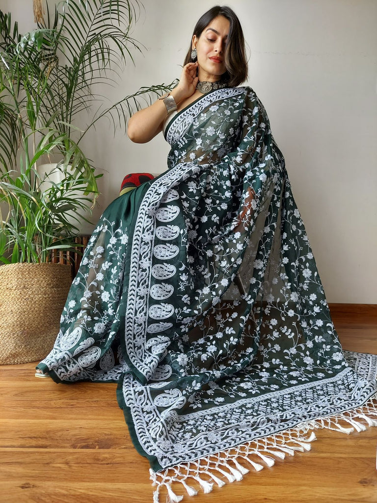 Green Viscose Organza Saree with Exquisite Chickenkari Embroidery – Paired with Elegant White Silk Blouse and Latkan ClothsVilla