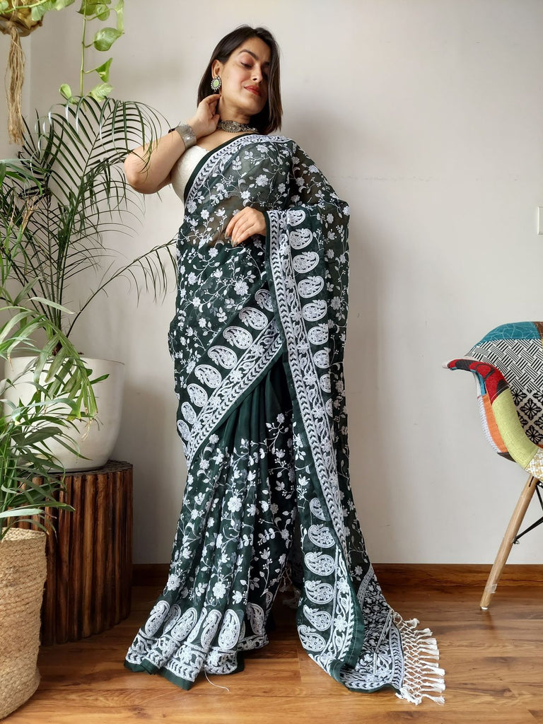 Green Viscose Organza Saree with Exquisite Chickenkari Embroidery – Paired with Elegant White Silk Blouse and Latkan ClothsVilla